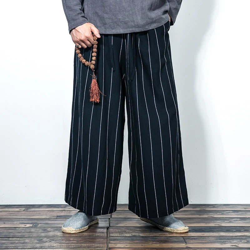 Harajuku – pantalon à jambes larges en coton et lin pour homme, pantalon décontracté à rayures, ample, à la mode, grande taille 3XL