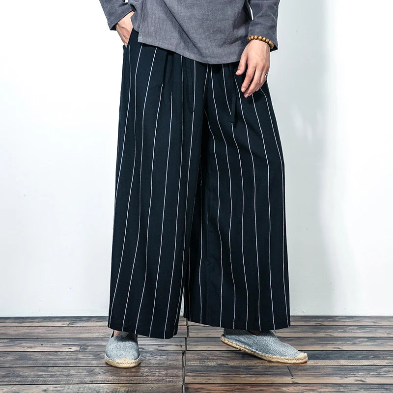 Harajuku – pantalon à jambes larges en coton et lin pour homme, pantalon décontracté à rayures, ample, à la mode, grande taille 3XL