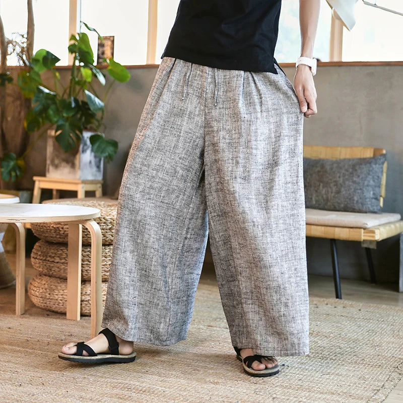 Pantalon à jambes larges en coton et lin pour homme, pantalon droit à rayures décontracté, Style traditionnel chinois, nouvelle collection 2023, 2023