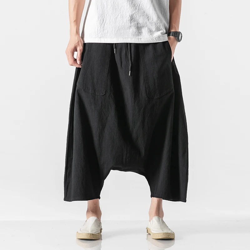 Pantalon à jambes larges en coton et lin pour hommes, pantalon d'été décontracté, longueur mollet, survêtement, couleur unie, grande poche, Baggy