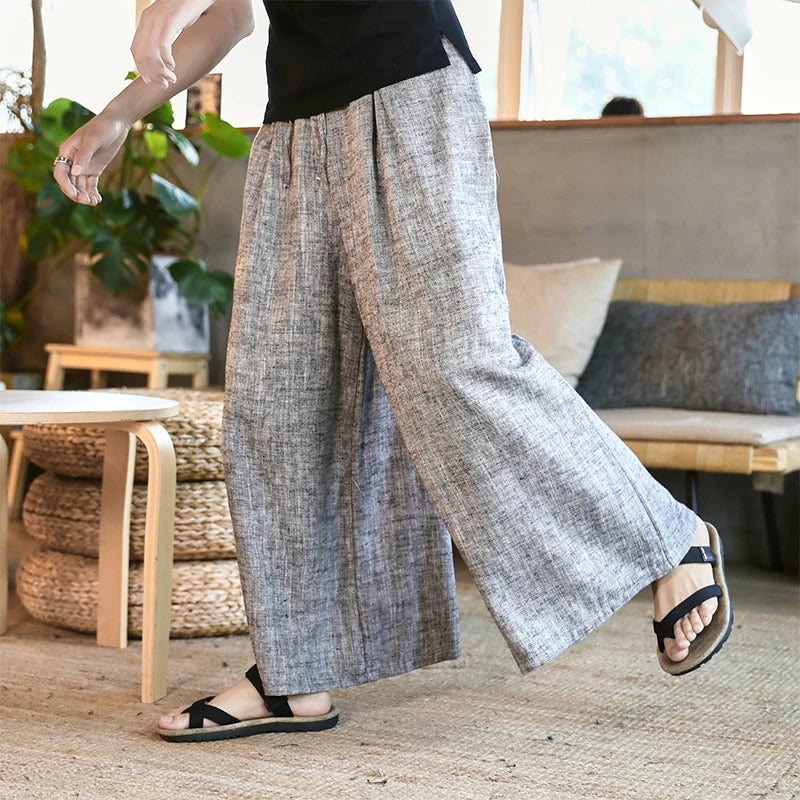 Pantalon à jambes larges en coton et lin pour homme, pantalon droit à rayures décontracté, Style traditionnel chinois, nouvelle collection 2023, 2023