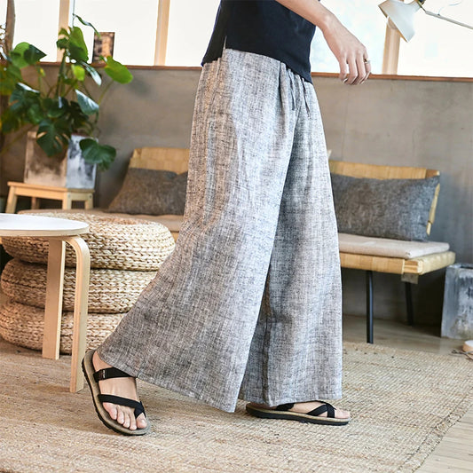 Man Cotton Linen Wide Leg Pant Men Casual Stripe Straight Trousers 2023 Male Traditional Chinese Style Pants Trousers 2023 New