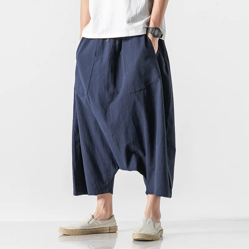 Pantalon à jambes larges en coton et lin pour hommes, pantalon d'été décontracté, longueur mollet, survêtement, couleur unie, grande poche, Baggy