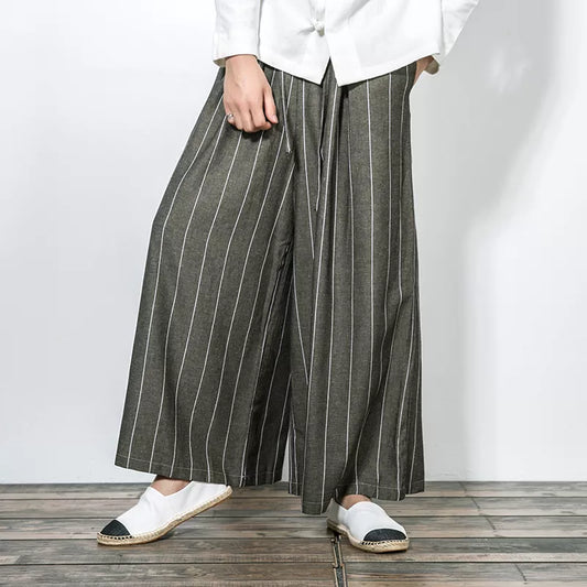 Harajuku – pantalon à jambes larges en coton et lin pour homme, pantalon décontracté à rayures, ample, à la mode, grande taille 3XL