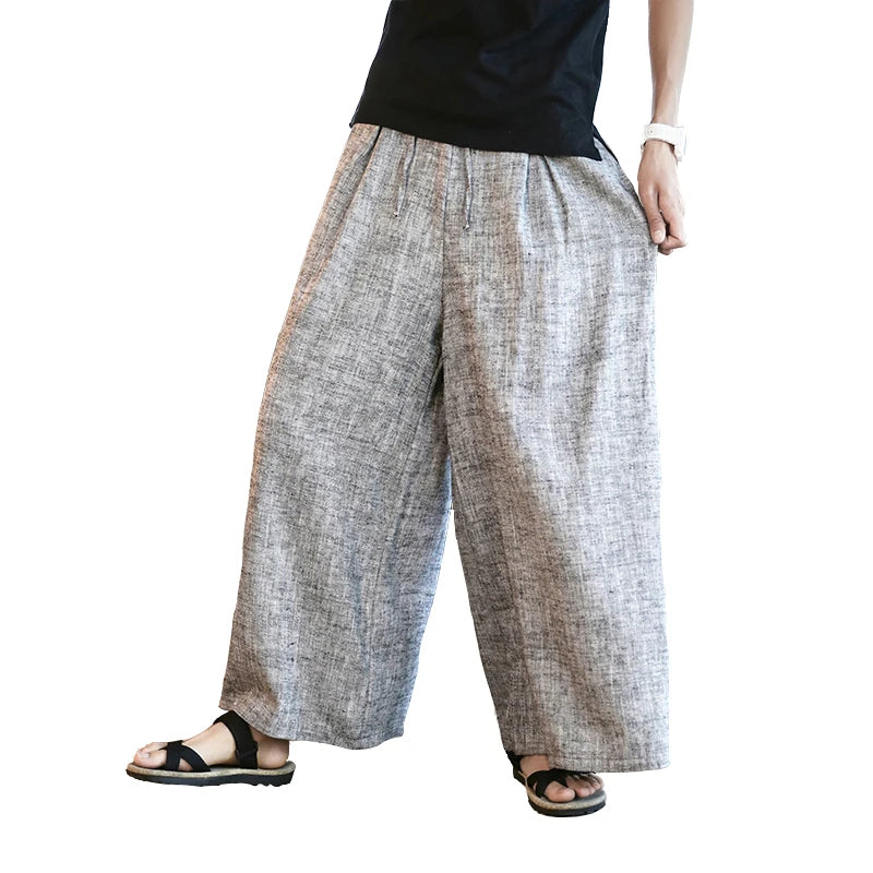 Pantalon à jambes larges en coton et lin pour homme, pantalon droit à rayures décontracté, Style traditionnel chinois, nouvelle collection 2023, 2023