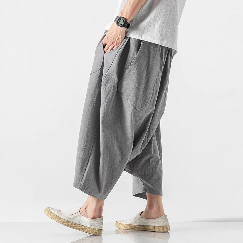 Pantalon à jambes larges en coton et lin pour hommes, pantalon d'été décontracté, longueur mollet, survêtement, couleur unie, grande poche, Baggy