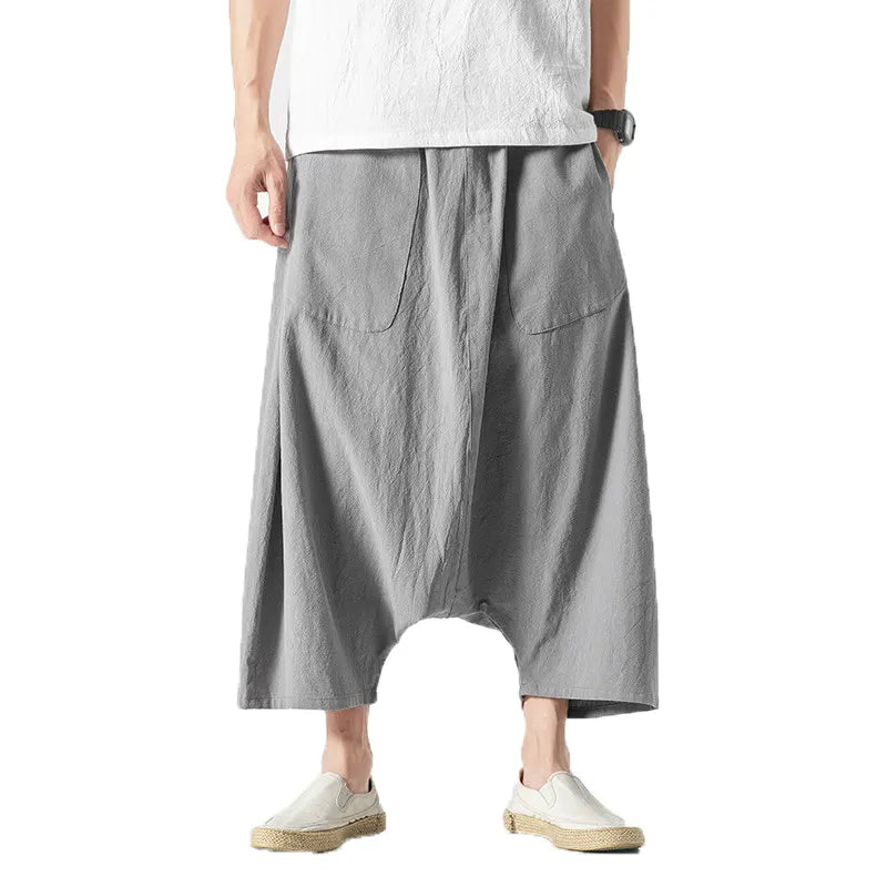 Pantalon à jambes larges en coton et lin pour hommes, pantalon d'été décontracté, longueur mollet, survêtement, couleur unie, grande poche, Baggy