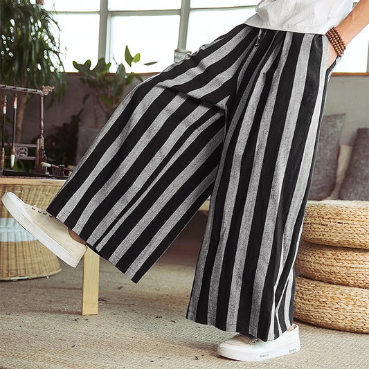 Cotton Linen Stripe Men Baggy Pants New Streetwear Joggers Pants Male Autumn Casual Fashion Vintage Trousers Men's Clothing