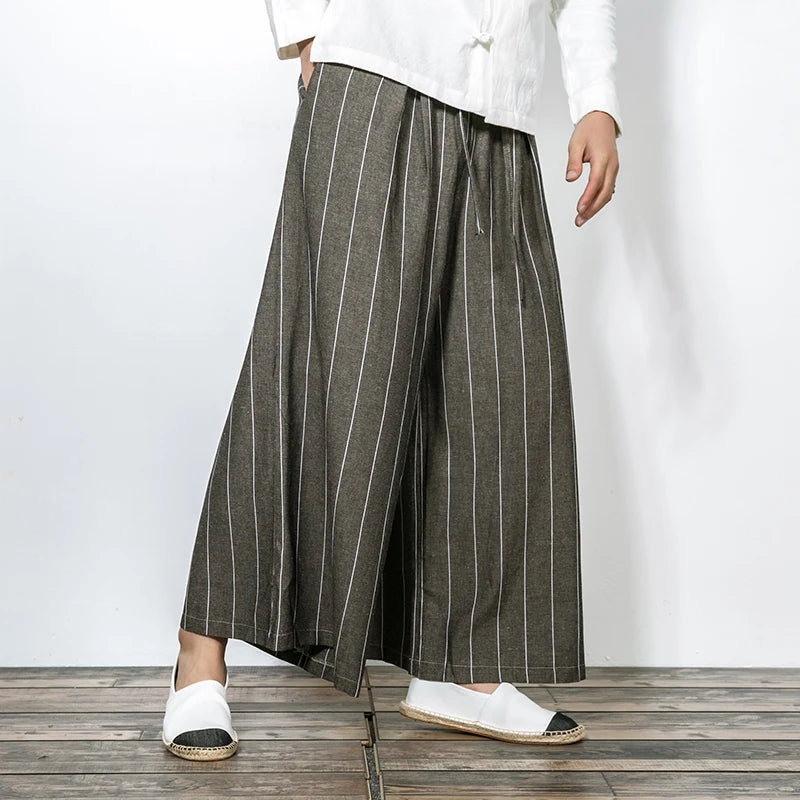 Harajuku – pantalon à jambes larges en coton et lin pour homme, pantalon décontracté à rayures, ample, à la mode, grande taille 3XL