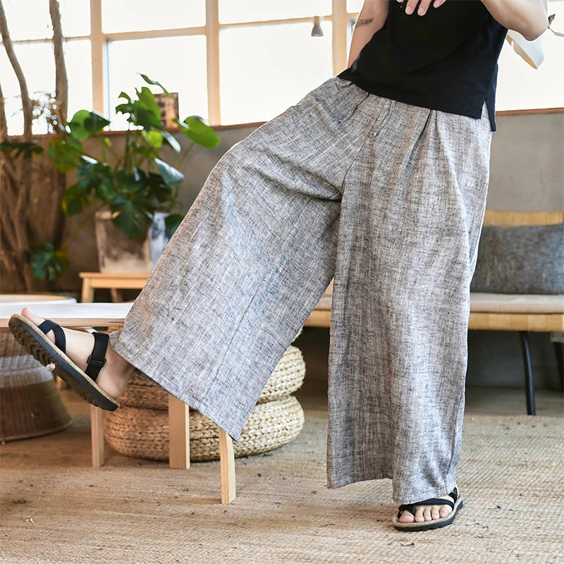 Pantalon à jambes larges en coton et lin pour homme, pantalon droit à rayures décontracté, Style traditionnel chinois, nouvelle collection 2023, 2023