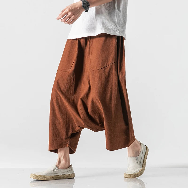 Pantalon à jambes larges en coton et lin pour hommes, pantalon d'été décontracté, longueur mollet, survêtement, couleur unie, grande poche, Baggy