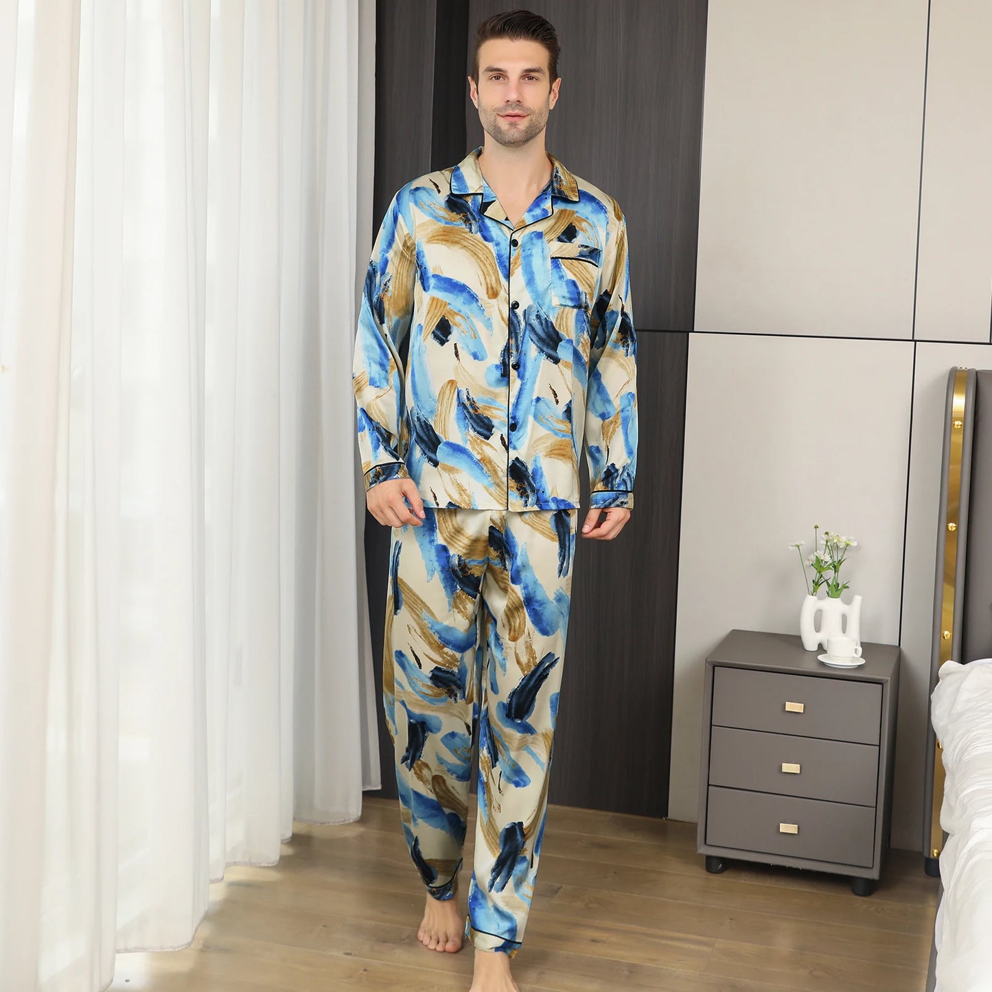 Conjunto de pijama de hombre loungewear con estampado abstracto azul