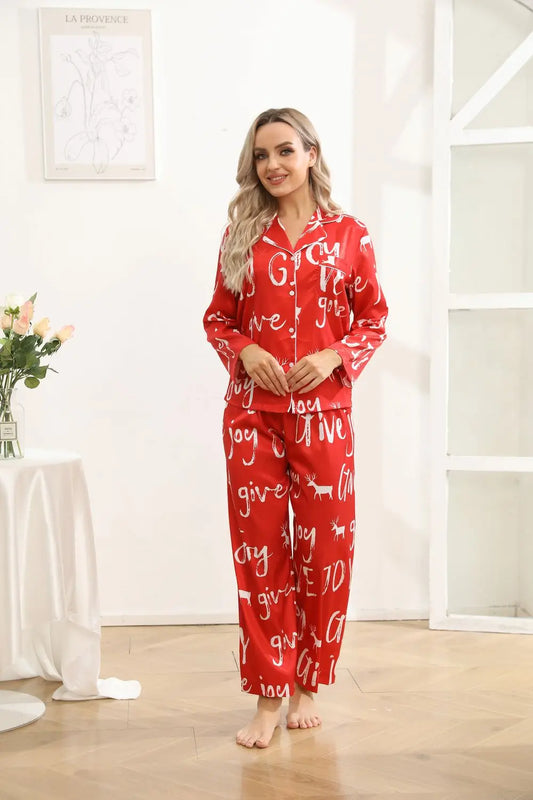 Red festive luxurious loungewear pyjamas two-piece set