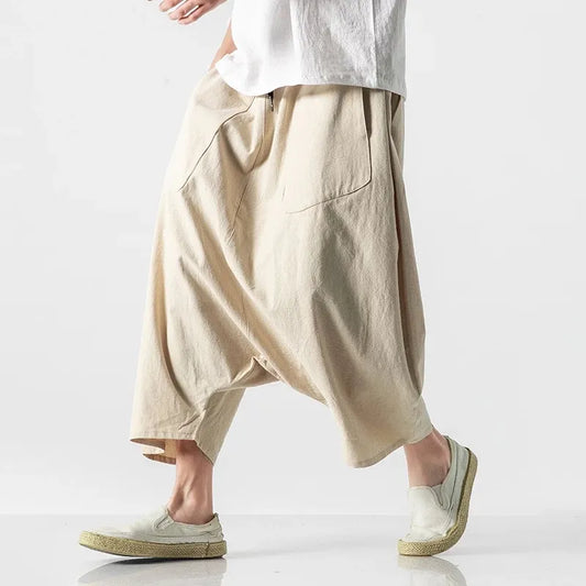 Pantalon sarouel décontracté pour hommes, grande taille, Vintage, ample, en coton et lin, jambes larges, taille élastique, été 2023