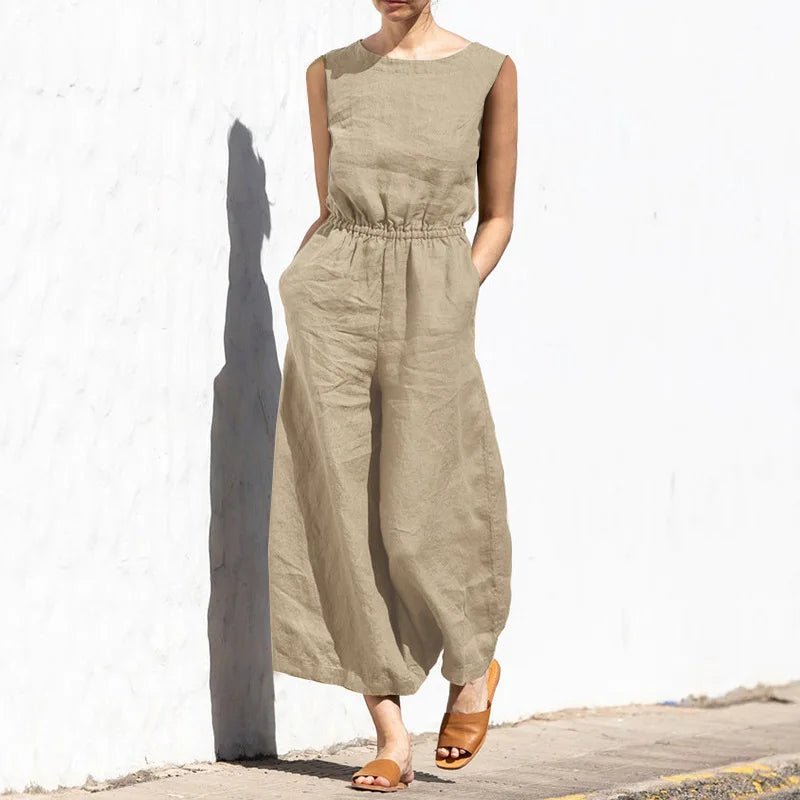 NEW Women Summer Cotton Outfits Sets Solid Color High Waisted Sleeveless Wide Leg Pants Women's Fashion Casual Loose Jumpsuit