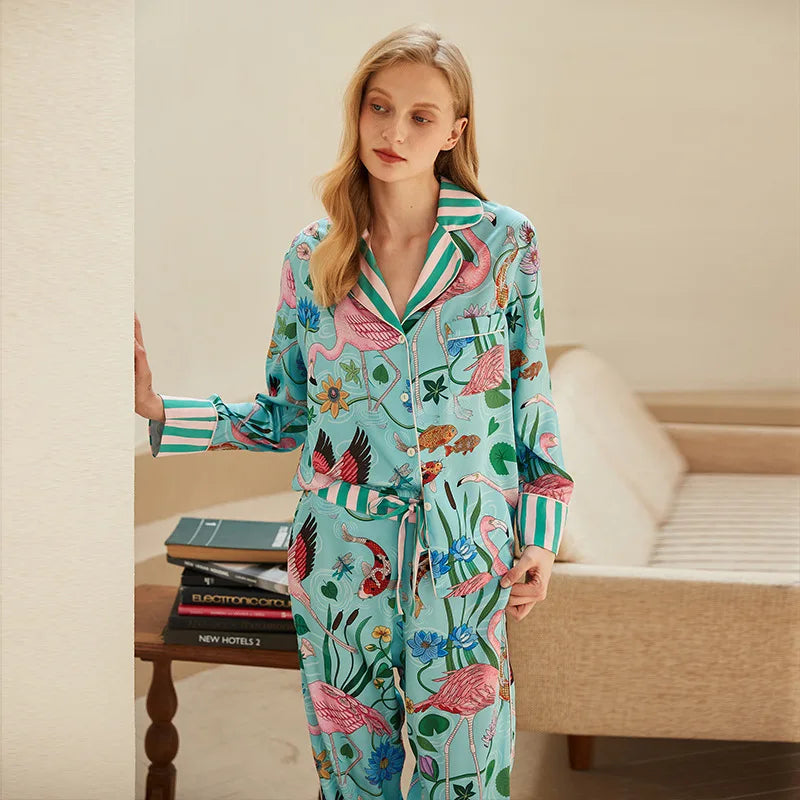 Silky flamingo luxurious loungewear pyjamas two-piece set