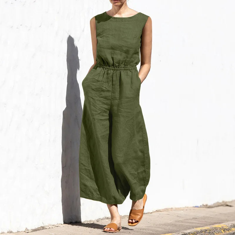 NEW Women Summer Cotton Outfits Sets Solid Color High Waisted Sleeveless Wide Leg Pants Women's Fashion Casual Loose Jumpsuit