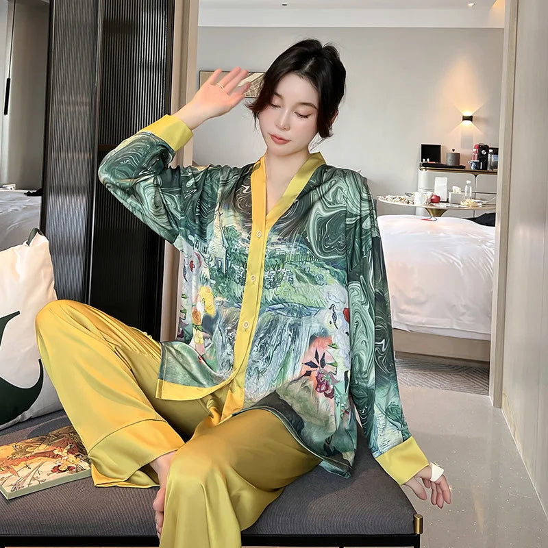 Painterly satin feel luxurious loungewear pyjamas two-piece set