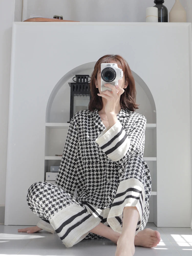 Houndstooth luxurious loungewear pyjamas two-piece set