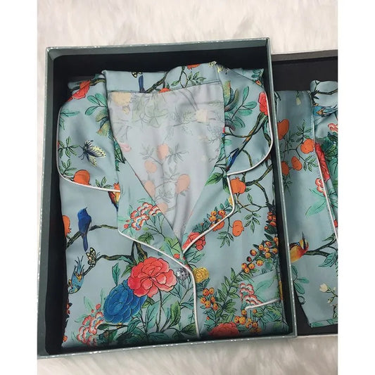 Printed floral in turquoise luxurious loungewear pyjamas two-piece set