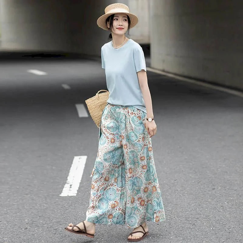 Cotton Linen Pants Floral Printing Loose Casual Vintage Korean Style Harajuku Trousers Wide Leg Pants Women Clothing Baggy Pants