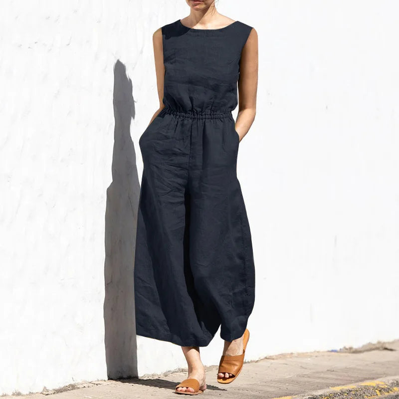 NEW Women Summer Cotton Outfits Sets Solid Color High Waisted Sleeveless Wide Leg Pants Women's Fashion Casual Loose Jumpsuit