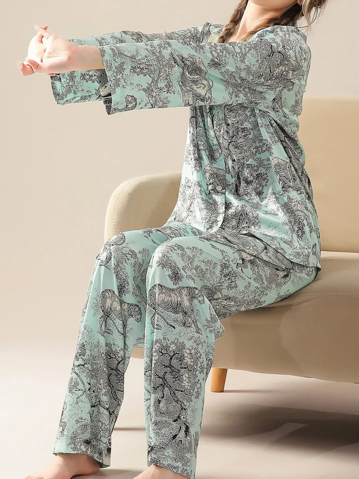 Ensemble deux pièces pyjama loungewear luxueux chinoiserie turquoise 