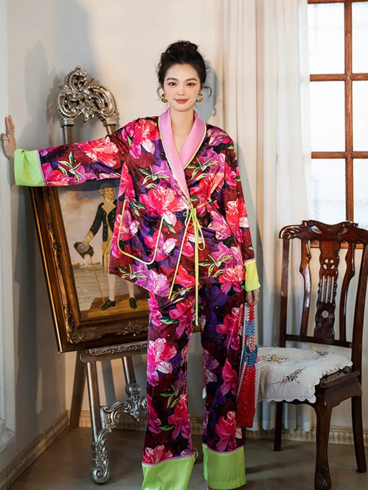 Luxurious pink lily loungewear pyjamas two-piece set