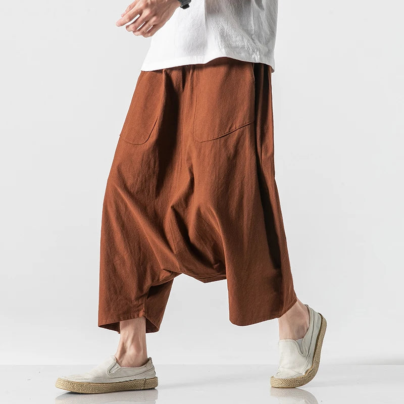 Fashion Loose Cross Pants Men Harajuku Style Plus Size Harem Pants Cotton Linen Casual Japanese Trousers Harajuku Men Sweatpants