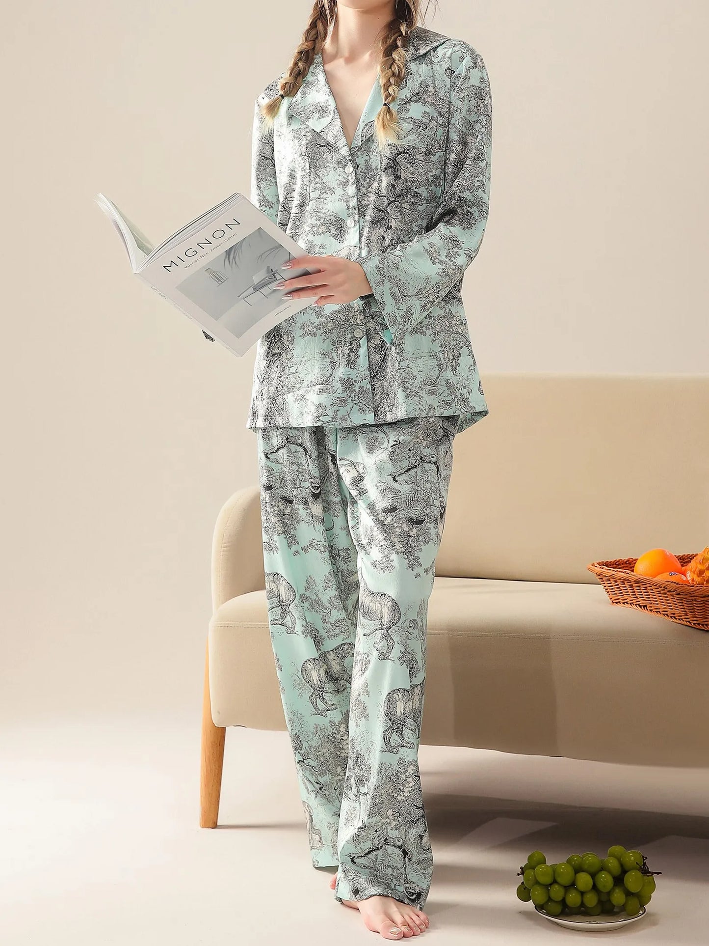 Ensemble deux pièces pyjama loungewear luxueux chinoiserie turquoise 