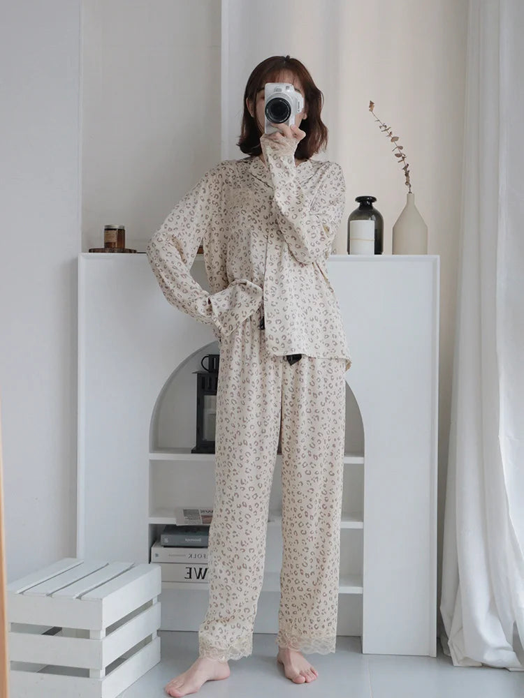 Leopard print luxurious loungewear pyjamas two-piece set