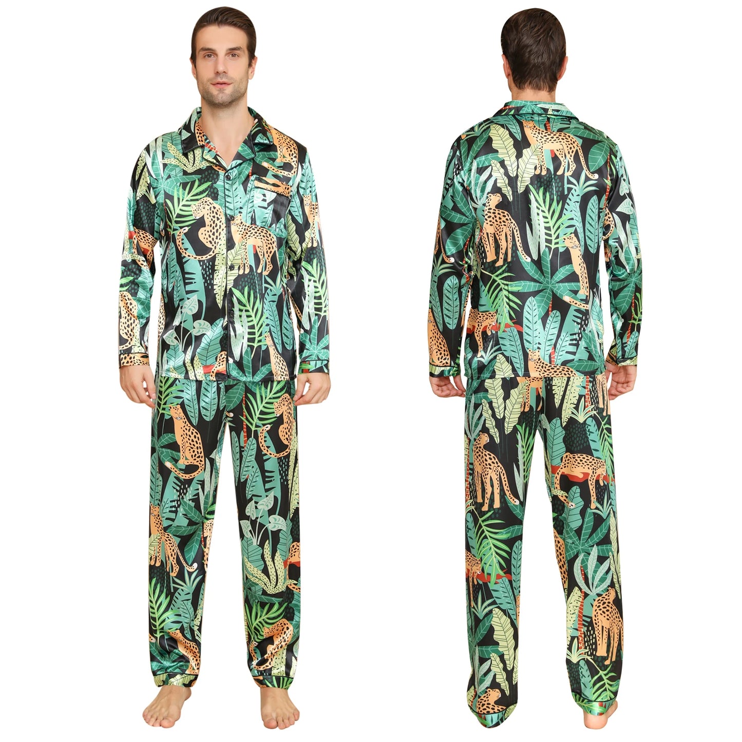 Conjunto de pijama de hombre loungewear con estampado de leopardo en la jungla