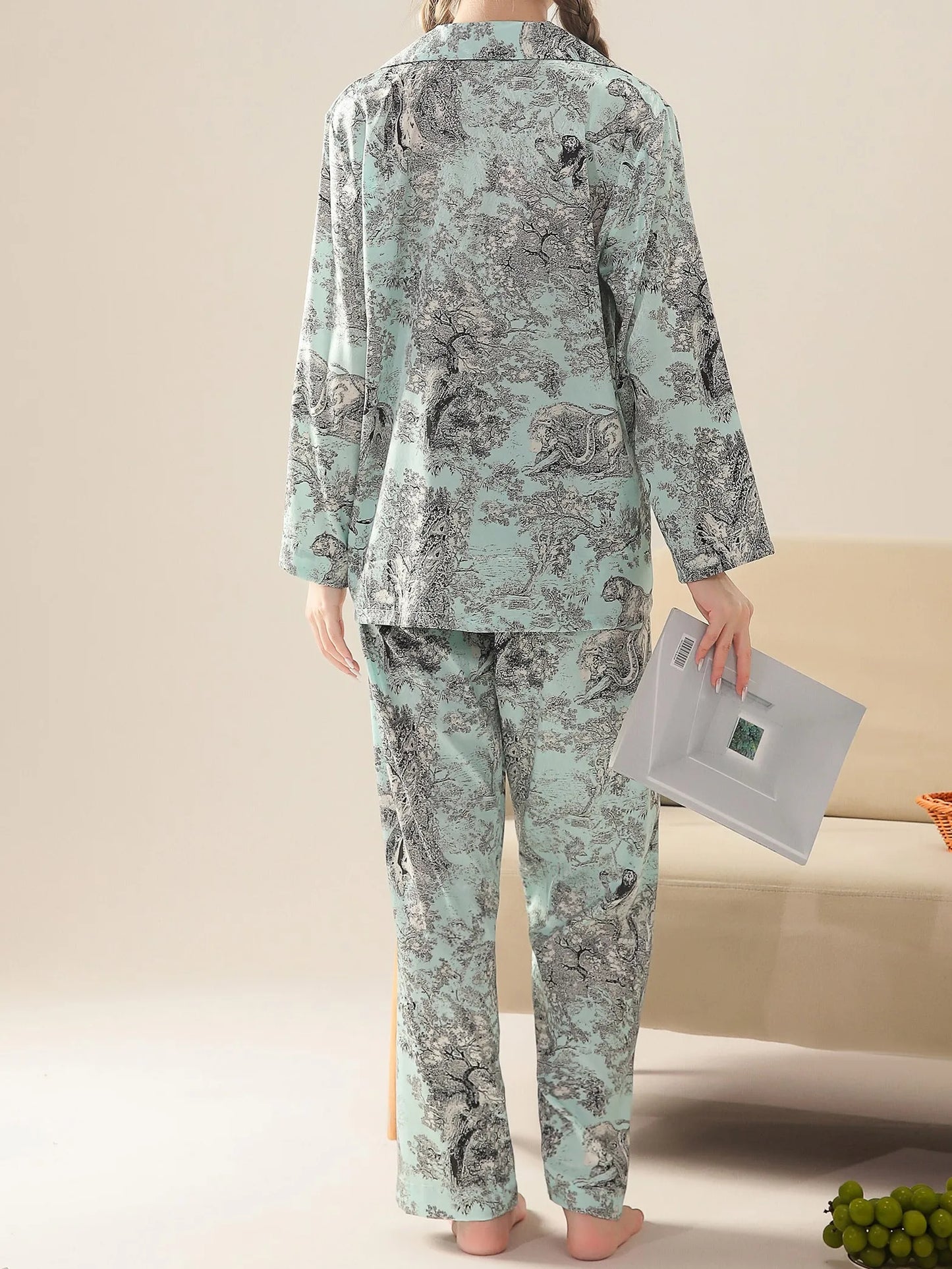 Ensemble deux pièces pyjama loungewear luxueux chinoiserie turquoise 