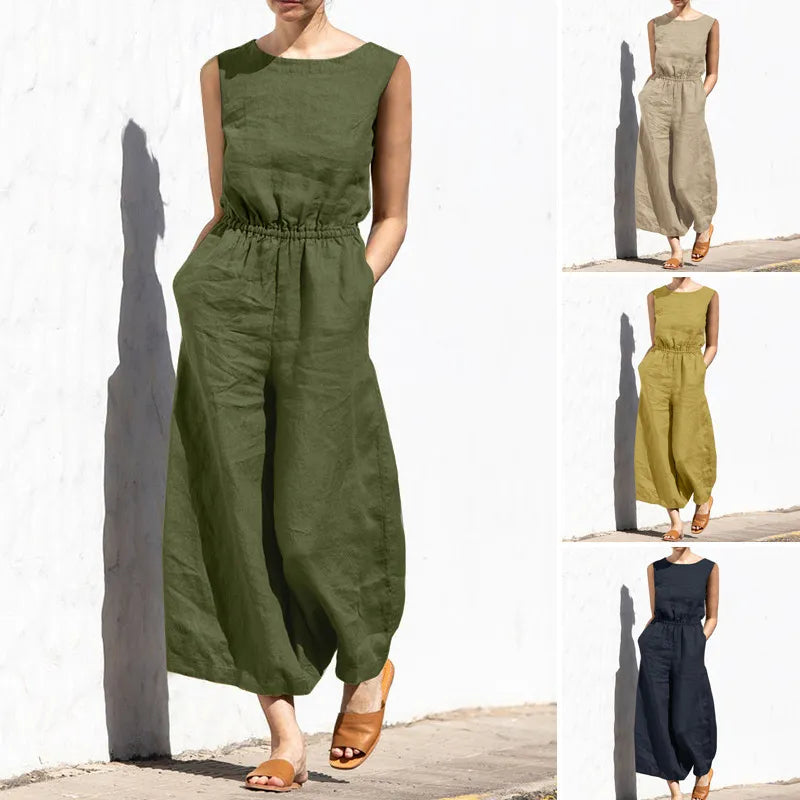 NEW Women Summer Cotton Outfits Sets Solid Color High Waisted Sleeveless Wide Leg Pants Women's Fashion Casual Loose Jumpsuit