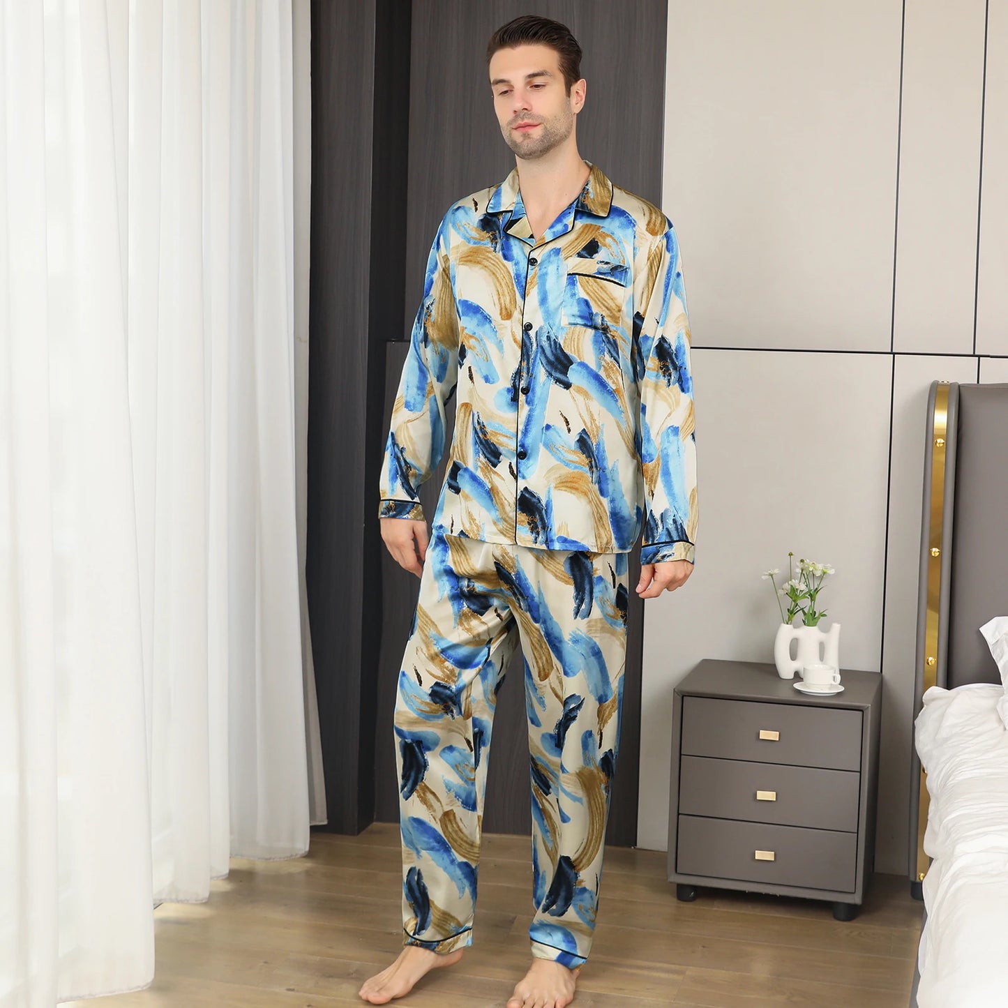 Conjunto de pijama de hombre loungewear con estampado abstracto azul