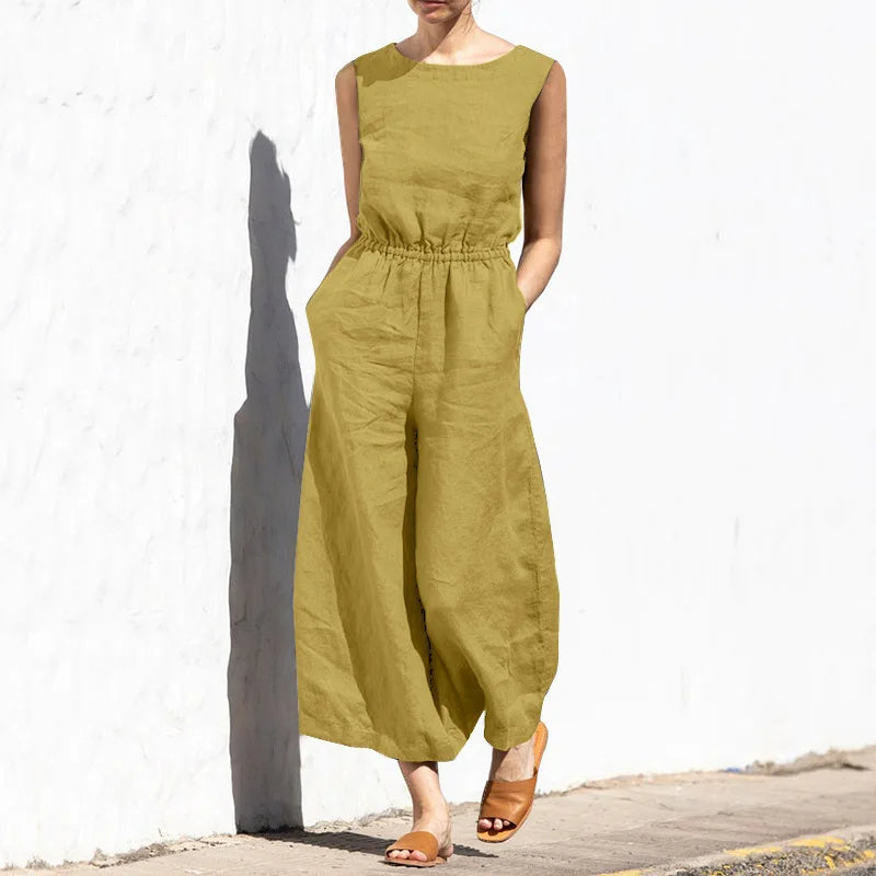 NEW Women Summer Cotton Outfits Sets Solid Color High Waisted Sleeveless Wide Leg Pants Women's Fashion Casual Loose Jumpsuit