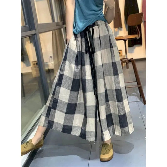 100% Cotton Linen Pants Women Plaid Loose Casual Baggy Pants Oversized Vintage Korean Fashion Trousers Clothes Wide Leg Pants