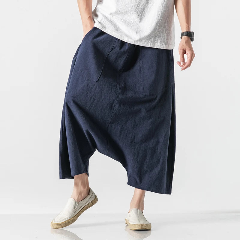 Fashion Loose Cross Pants Men Harajuku Style Plus Size Harem Pants Cotton Linen Casual Japanese Trousers Harajuku Men Sweatpants