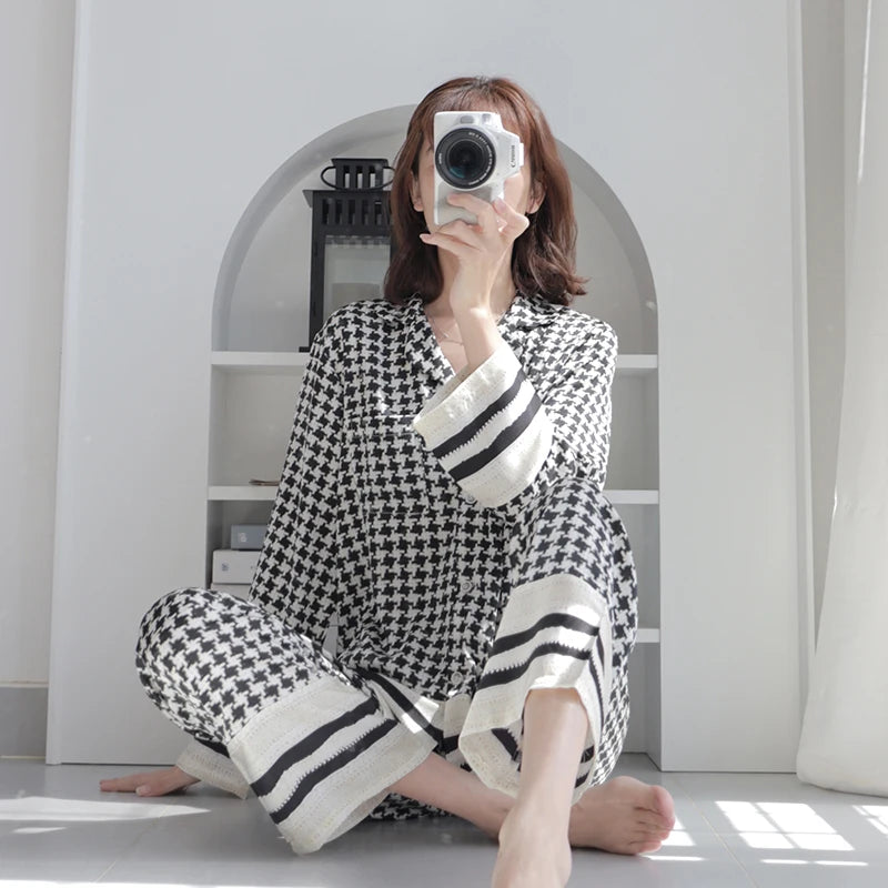 Houndstooth luxurious loungewear pyjamas two-piece set