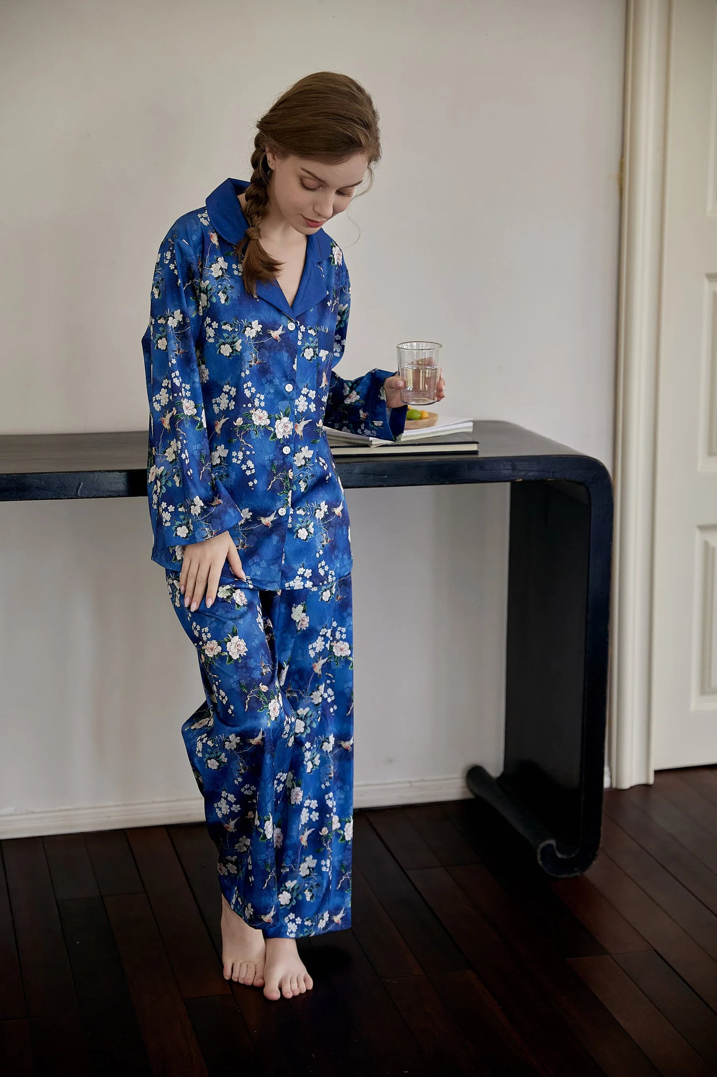 Blue hummingbird and cherry blossom loungewear pyjamas two-piece set