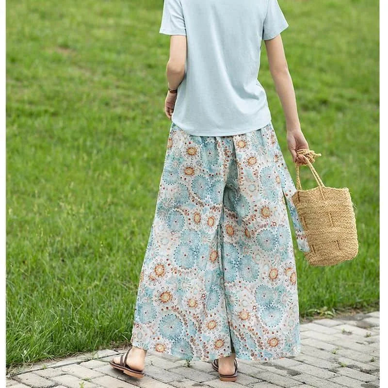 Cotton Linen Pants Floral Printing Loose Casual Vintage Korean Style Harajuku Trousers Wide Leg Pants Women Clothing Baggy Pants