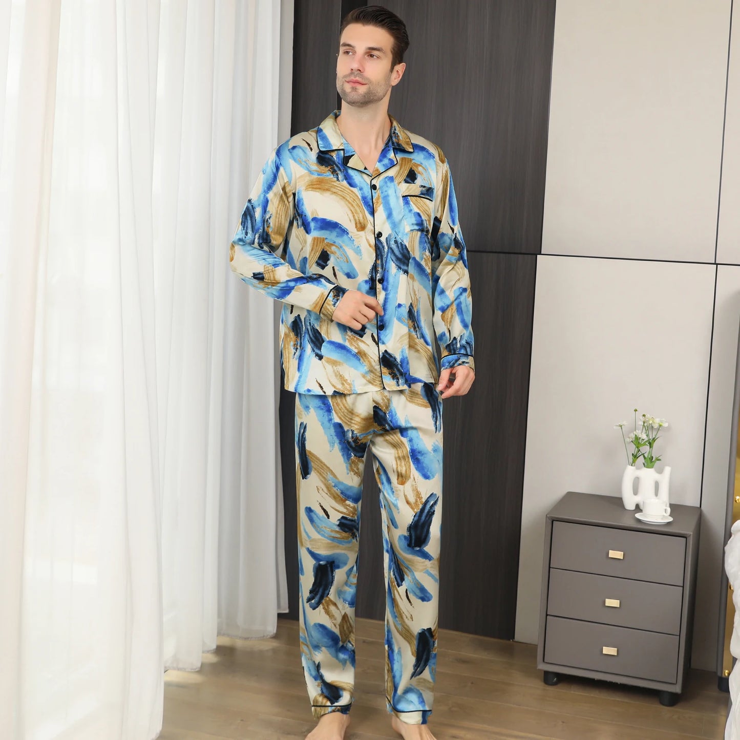 Conjunto de pijama de hombre loungewear con estampado abstracto azul