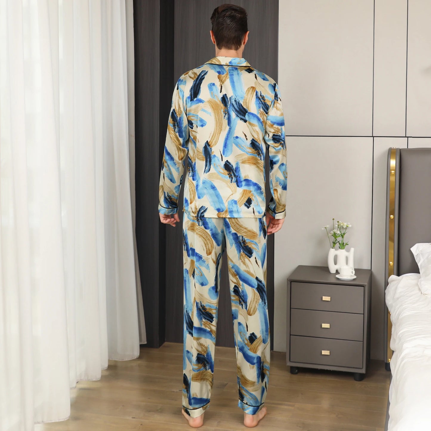 Conjunto de pijama de hombre loungewear con estampado abstracto azul