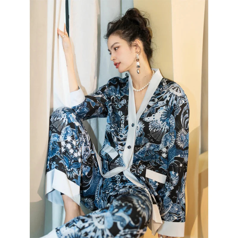 Bold n' blue luxurious loungewear pyjamas two-piece set