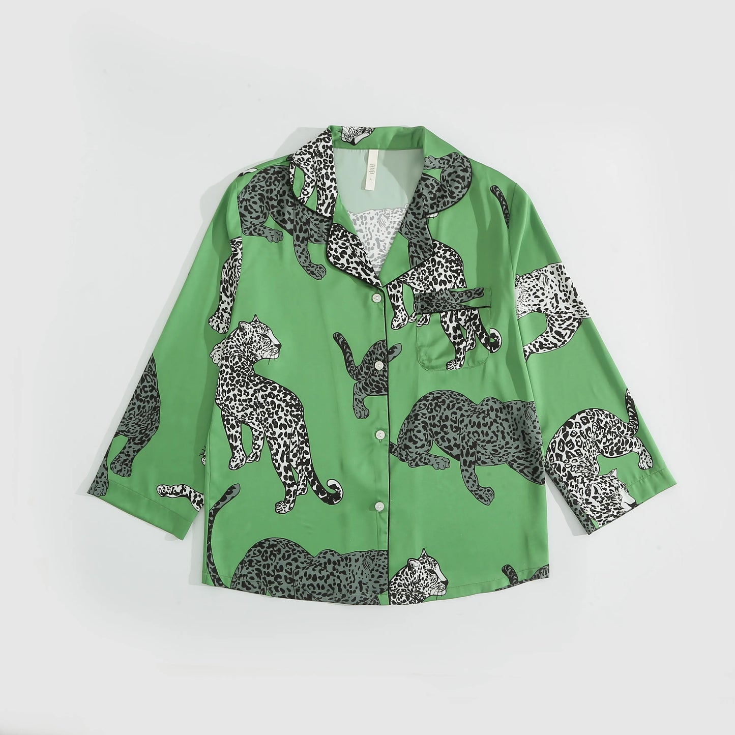 Green leopard luxurious loungewear pyjamas two-piece set