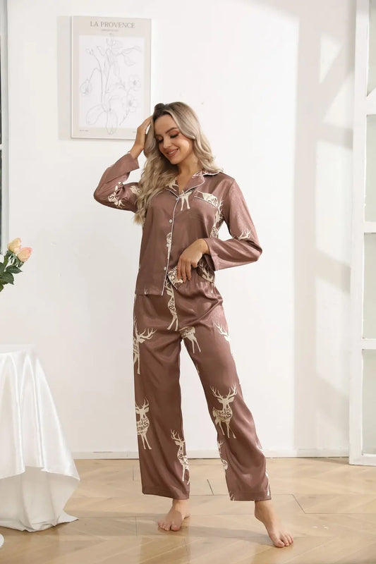 Festive reindeer luxurious loungewear pyjamas two-piece set