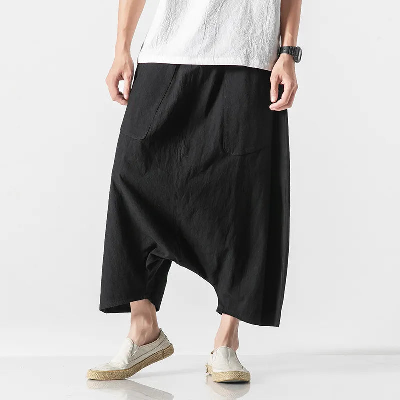 Fashion Loose Cross Pants Men Harajuku Style Plus Size Harem Pants Cotton Linen Casual Japanese Trousers Harajuku Men Sweatpants