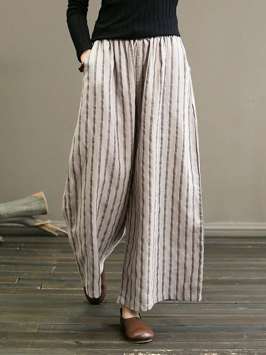 2023 Autumn Vintage Linen Pants High Waist Straight Barrel Striped Capris Slim Fit Drop Cotton Home Pants Female Outdoors Pants