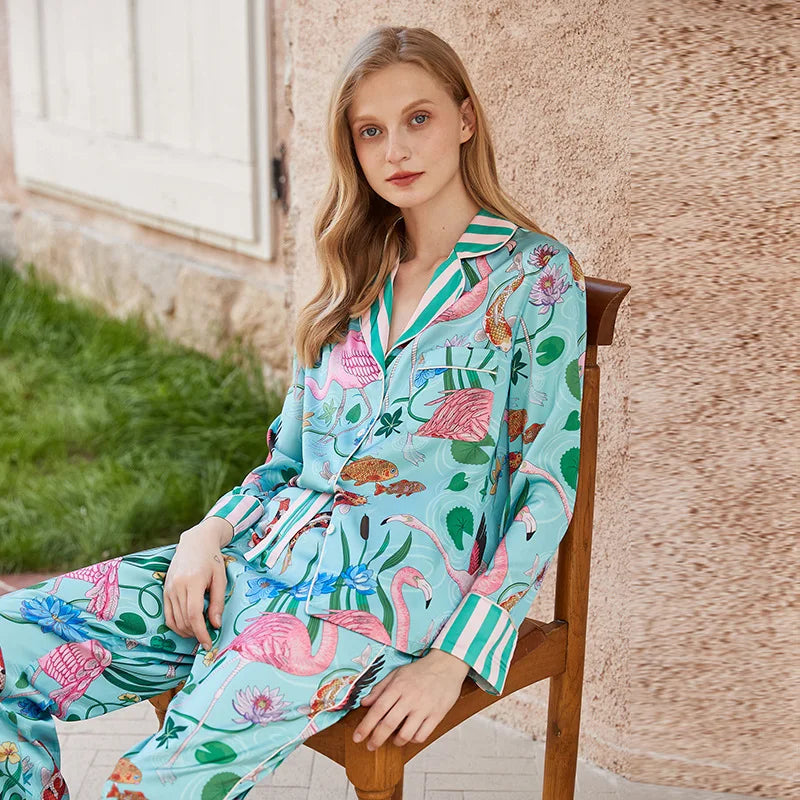 Silky flamingo luxurious loungewear pyjamas two-piece set