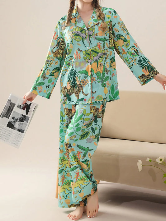 Parrots in the jungle luxurious loungewear pyjamas two-piece set